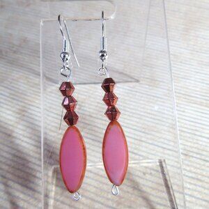 Czech Pink Glass Spindle & Copper Bicone Beads Silverplate Earrings